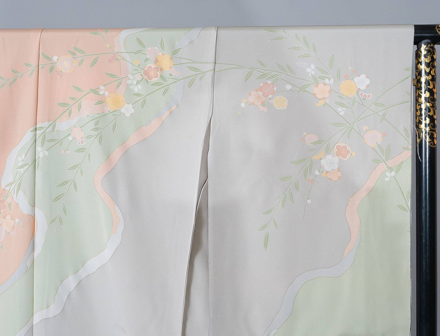 新品【訪問着】ペールオレンジ×グレー 地紙柄|友禅染め 絹100% 八掛付き 未仕立て