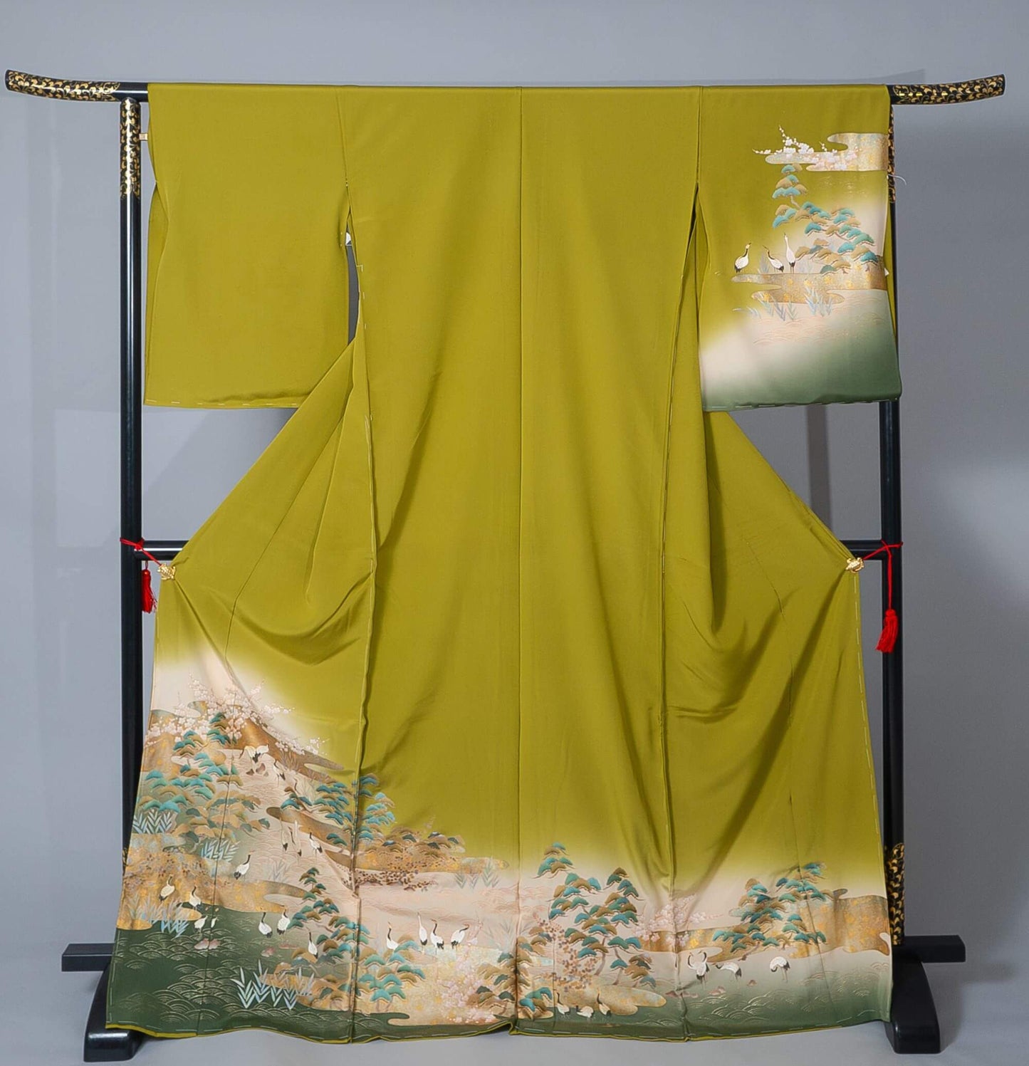 新品【訪問着】柳色 鶴×松|絹100% 八掛付き 未仕立て