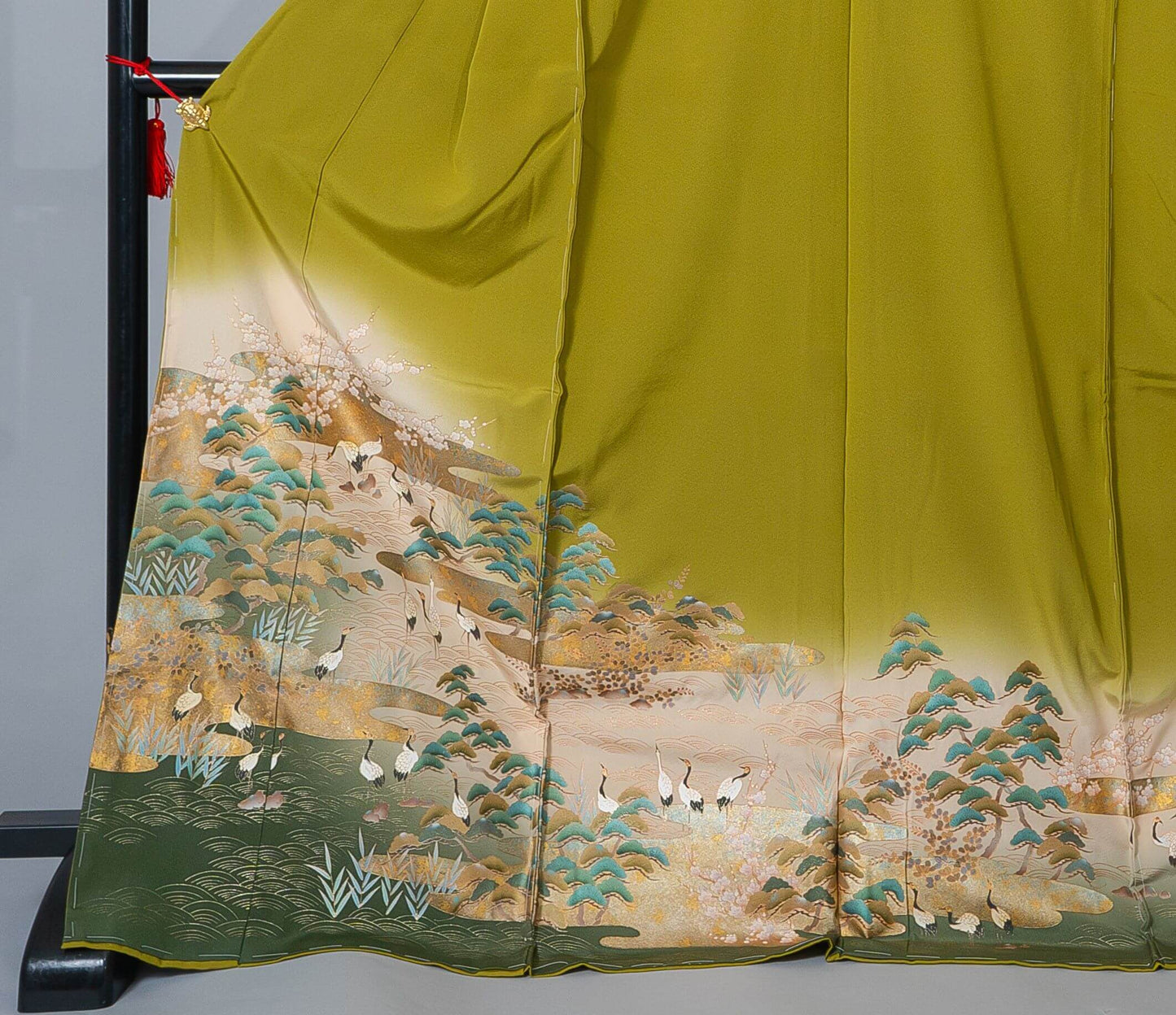 新品【訪問着】柳色 鶴×松|絹100% 八掛付き 未仕立て
