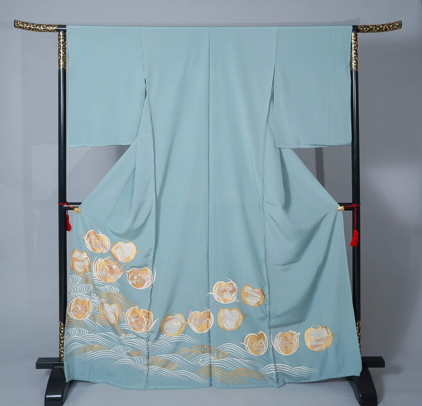 新品【色留袖】 淡い青緑系 花丸文×波|絹100% 八掛付き 未仕立て