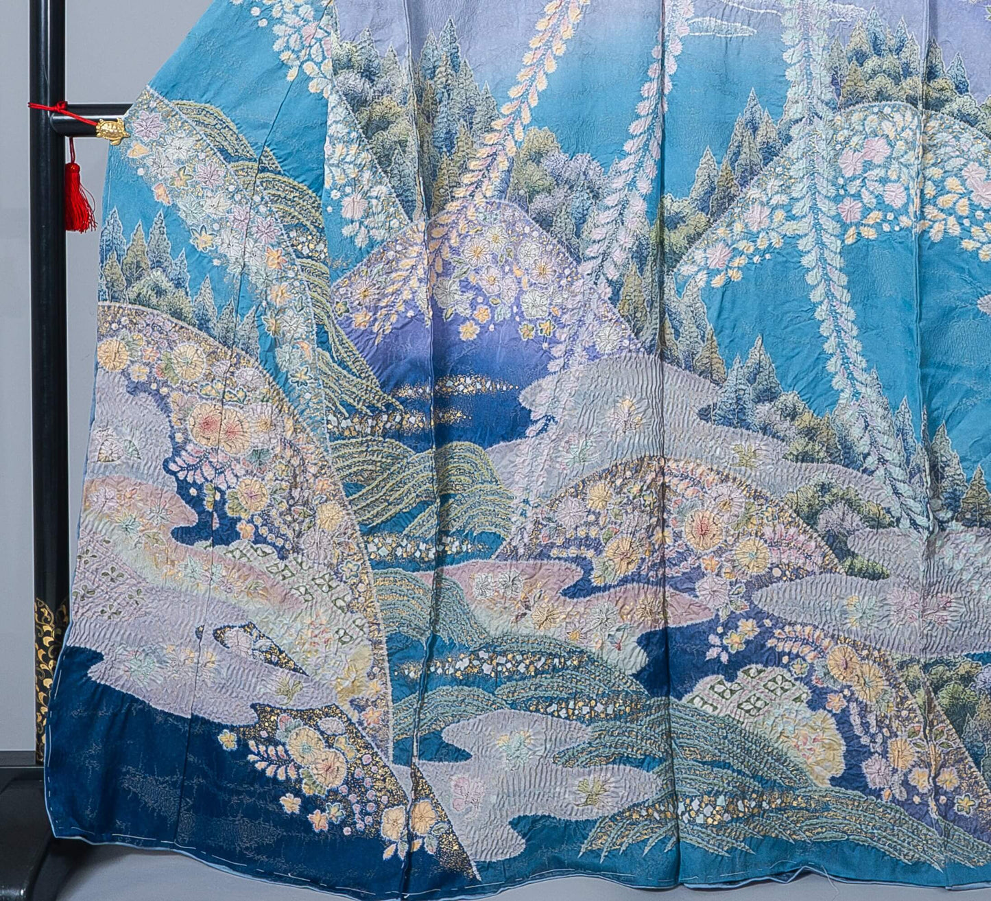新品【訪問着】水色系 辻が花風文様|染め文様 絹100% 八掛付き 未仕立て
