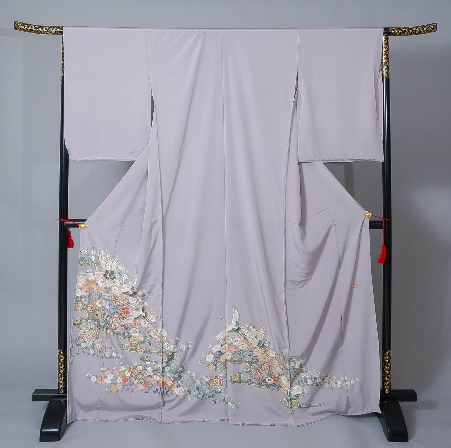 新品【訪問着】パープルグレー系 鶴×菊|刺繍 絹100% 八掛付き 未仕立て