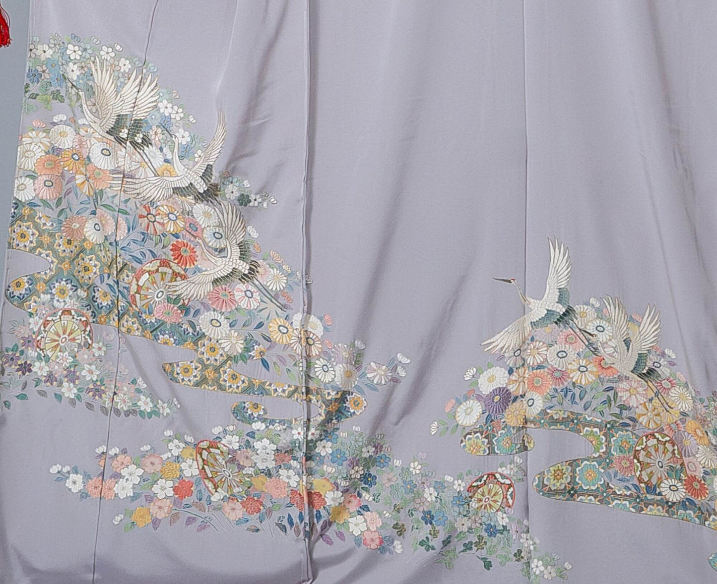 新品【訪問着】パープルグレー系 鶴×菊|刺繍 絹100% 八掛付き 未仕立て