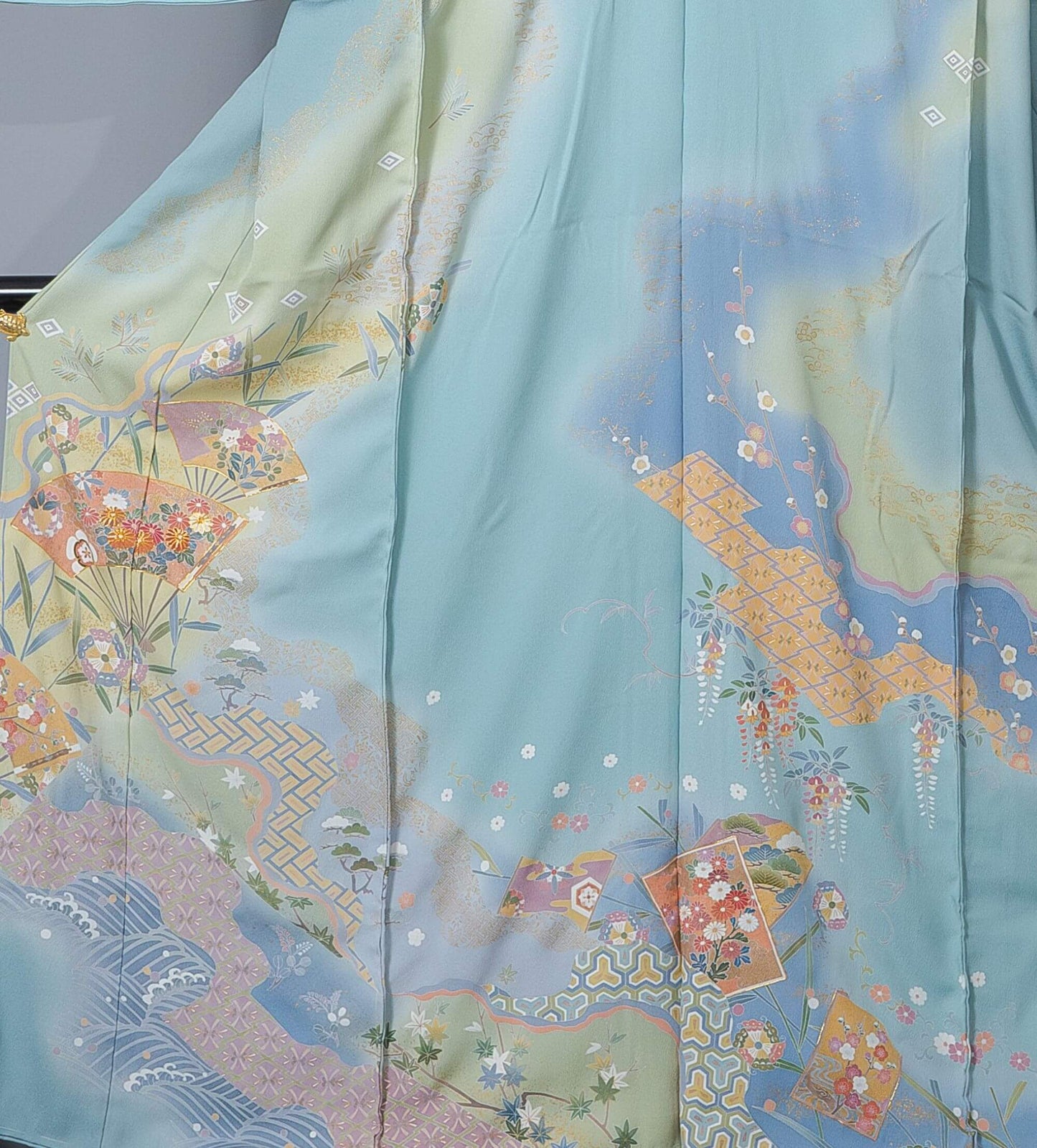 新品【訪問着】水色系 扇面(せんめん)×松・笹・梅|友禅染め 絹100% 八掛付き 未仕立て