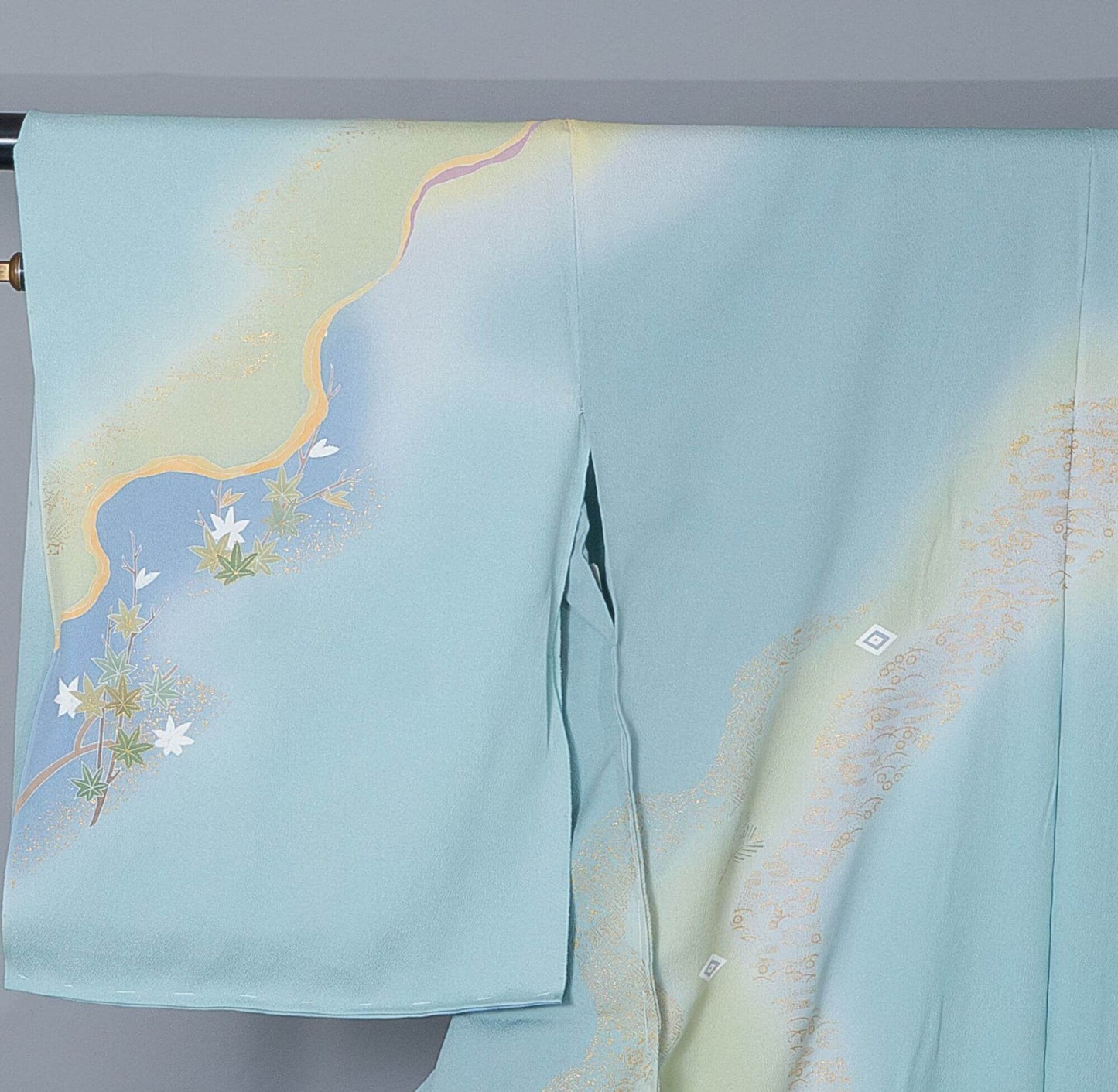 新品【訪問着】水色系 扇面(せんめん)×松・笹・梅|友禅染め 絹100% 八掛付き 未仕立て
