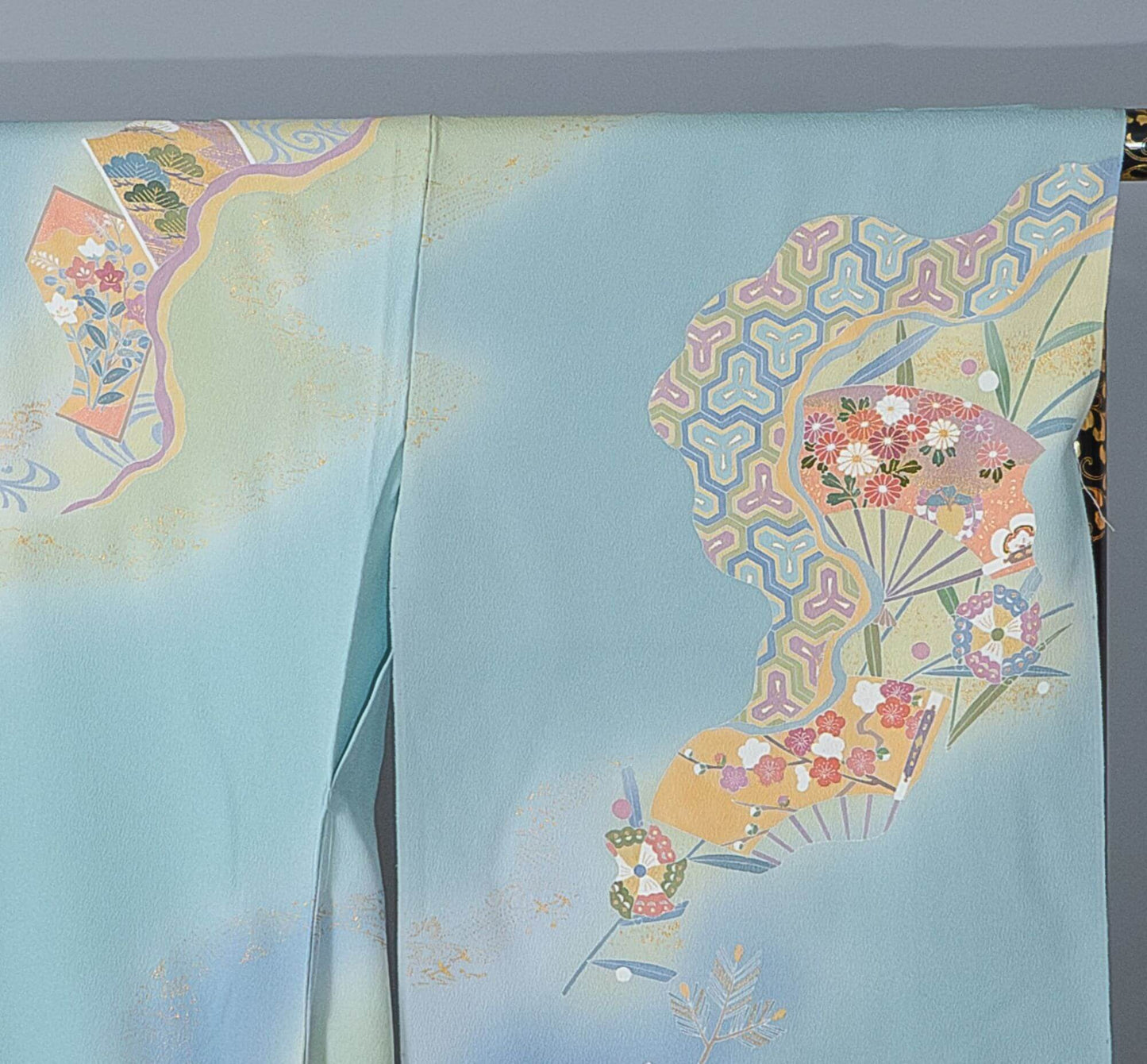新品【訪問着】水色系 扇面(せんめん)×松・笹・梅|友禅染め 絹100% 八掛付き 未仕立て