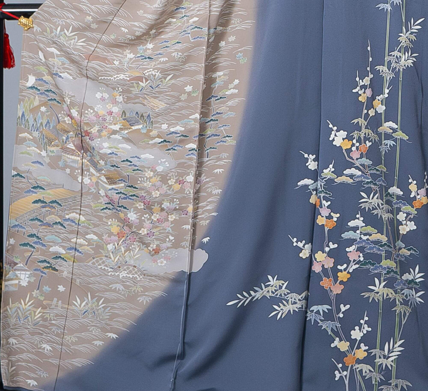 新品【訪問着】ブルーグレー系 茶屋辻柄×松竹梅|友禅染め 絹100% 八掛付き 未仕立て