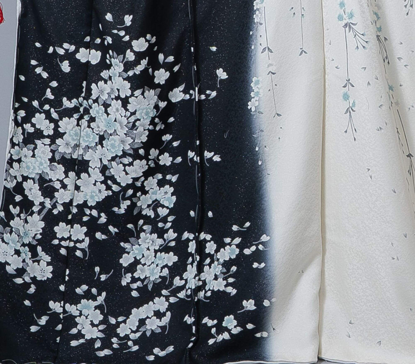 新品【訪問着】黒×白 桜×しだれ桜|友禅染め 絹100% 八掛付き 未仕立て