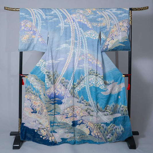 新品【訪問着】水色系 辻が花風文様｜染め文様 絹100％ 八掛付き 未仕立て