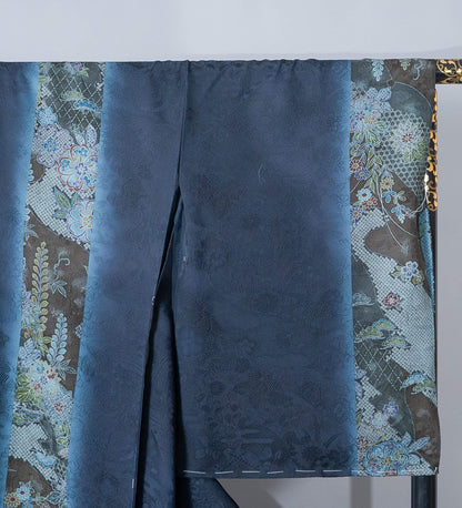 新品【訪問着】鉄紺色 寛文文様の柄付け｜友禅染め 絹100％ 八掛付き 未仕立て