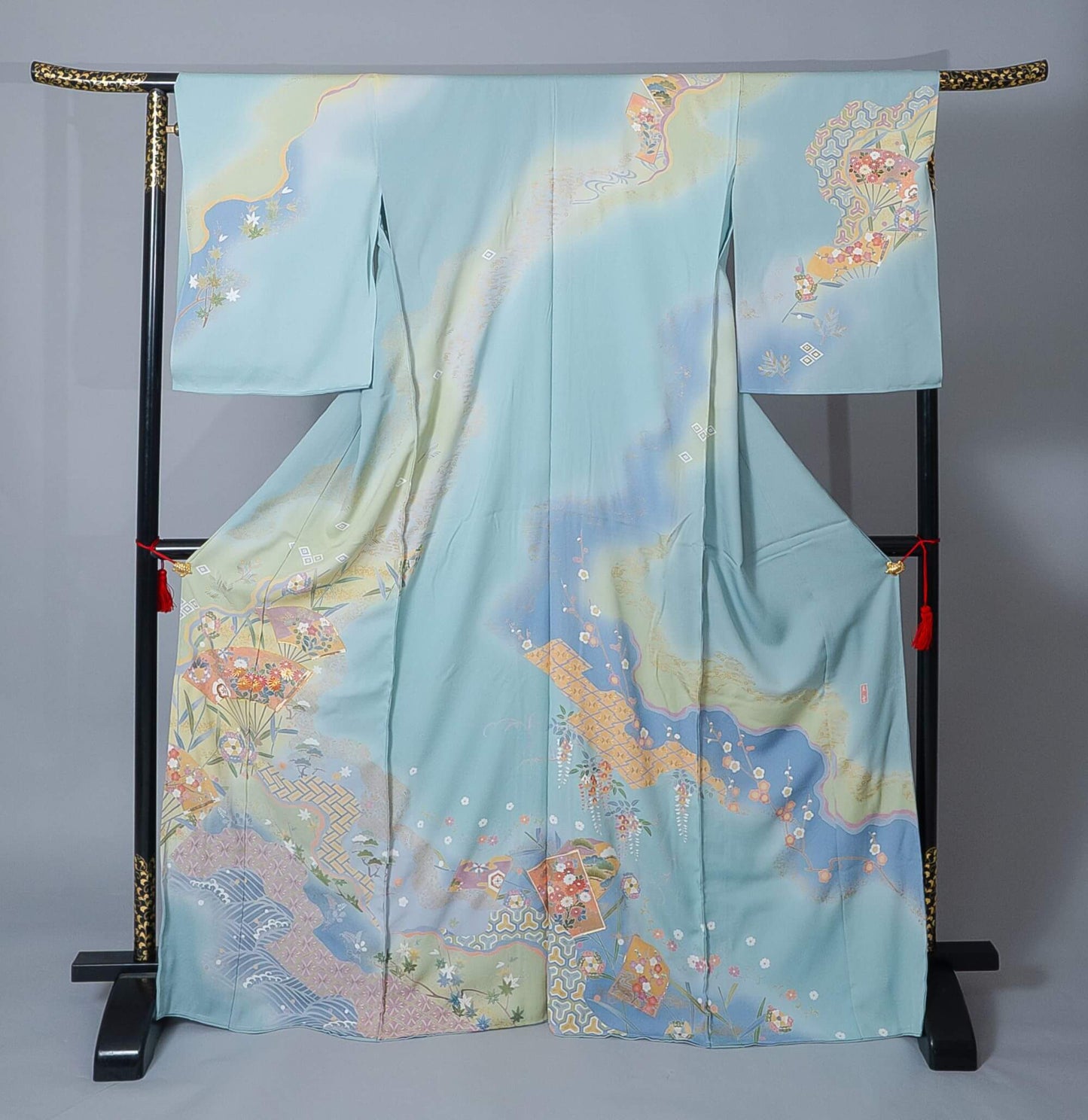 新品【訪問着】水色系  扇面(せんめん)×松･笹･梅｜友禅染め 絹100％ 八掛付き 未仕立て